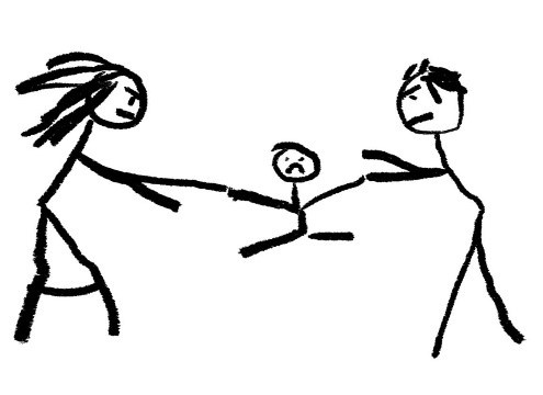 Stick figure drawing depicting parental conflict over a child.