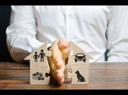 Man divides house puzzle, symbolising separation of assets: family, money, car, and dog.