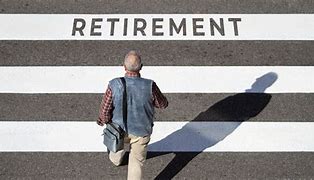 Man walking on striped path towards retirement concept.