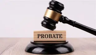 Gavel and probate sign symbolising legal proceedings and inheritance processes.