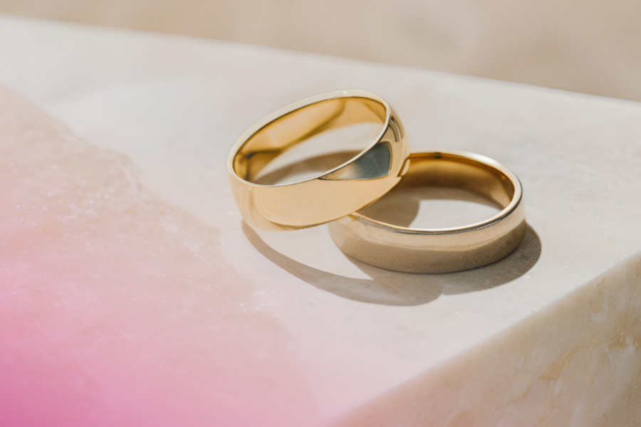 Two gold wedding bands on a marble surface, elegant and classic design.