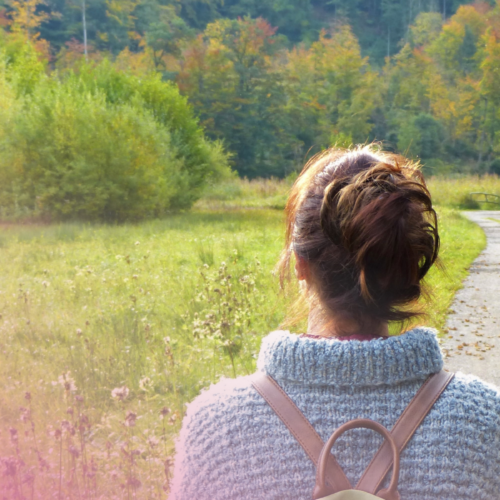 Woman in a jumper walking along a forest path in autumn.