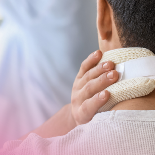 Man wearing a neck brace for injury support.