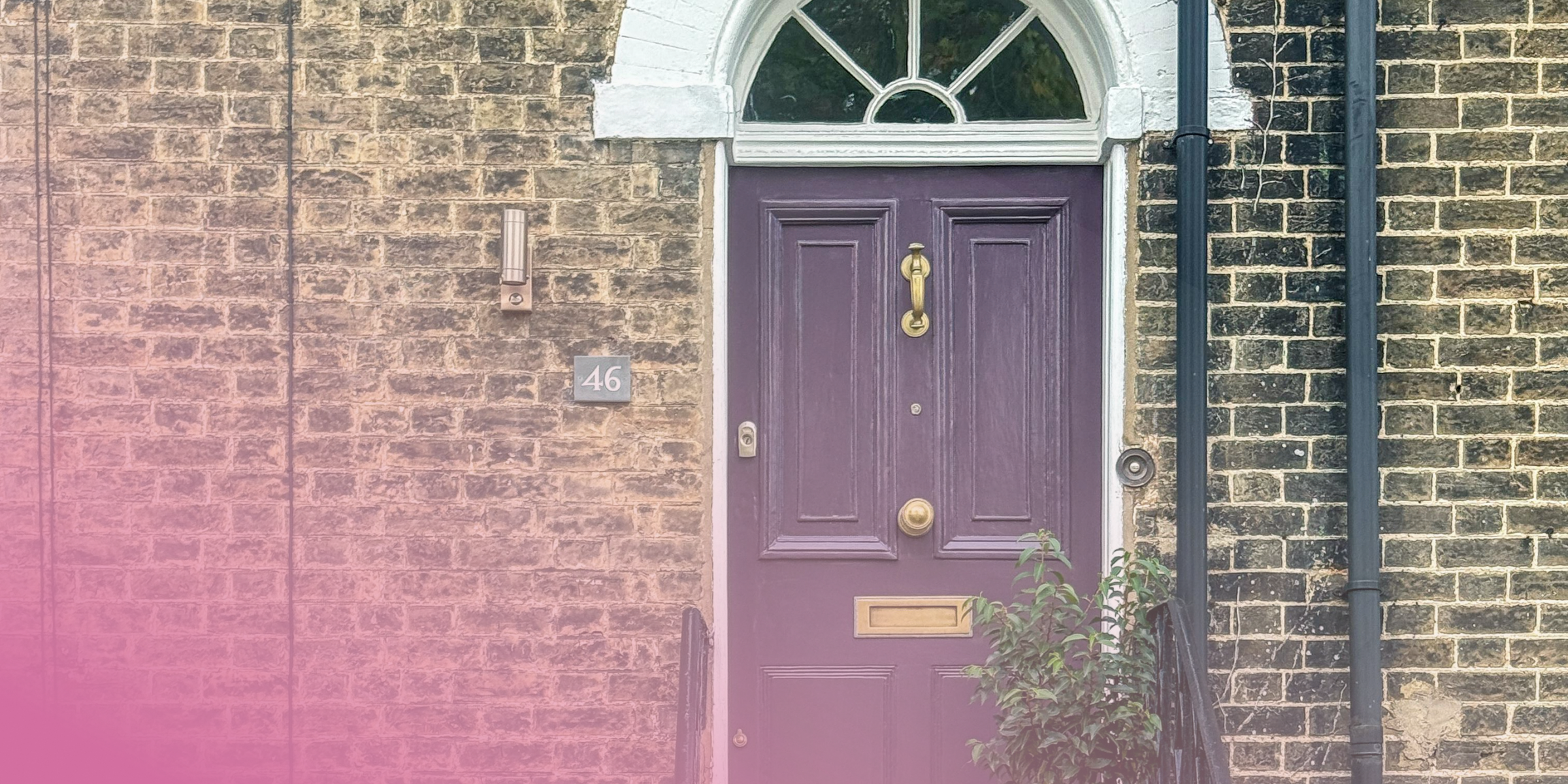 Purple front door of a brick house with brass fixtures and arched window.